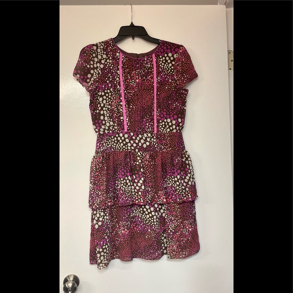Girl’s size 16 light weight lined pink and brown dress. Knee length.